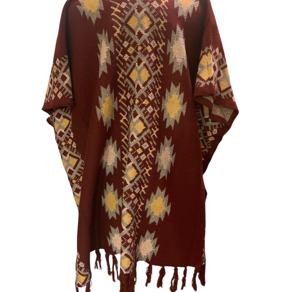 Miss Me Burgundy and Gold Geometric Wrap/Shawl/Cape - Picture 7 of 11